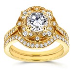 Gold Cushion Moissanite and 1/2ct TDW Diamond 2-Piece Floral Antique B - Handcrafted By Name My Rings™