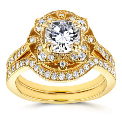 Gold Cushion Moissanite and 1/2ct TDW Diamond 2-Piece Floral Antique B - Handcrafted By Name My Rings™