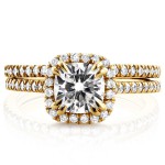Gold Cushion Moissanite and 1/2ct TDW Diamond Halo Cathedral Bridal Se - Handcrafted By Name My Rings™