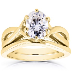 Gold Forever Brilliant Oval Moissanite Solitaire Bridal Rings Set - Handcrafted By Name My Rings™