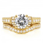 Gold Moissanite 3/5ct TDW Diamond Antique Bridal Ring Set - Handcrafted By Name My Rings™