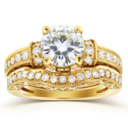 Gold Moissanite 3/5ct TDW Diamond Antique Bridal Ring Set - Handcrafted By Name My Rings™