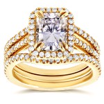 Gold Radiant Cut Moissanite and 3/5ct TDW Halo Diamond 3-Piece Bridal - Handcrafted By Name My Rings™