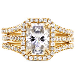 Gold Radiant Cut Moissanite and 3/5ct TDW Halo Diamond 3-Piece Bridal - Handcrafted By Name My Rings™
