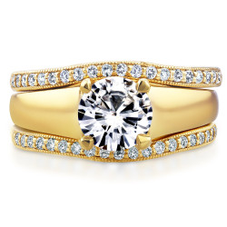 Gold Round Cut Moissanite Solitaire and 1/3ct TDW Diamond Bands 3-Piec - Handcrafted By Name My Rings™