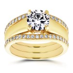 Gold Round Cut Moissanite Solitaire and 1/3ct TDW Diamond Bands 3-Piec - Handcrafted By Name My Rings™