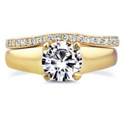 Gold Round Cut Moissanite Solitaire and 1/6ct TDW Diamond Band Bridal - Handcrafted By Name My Rings™