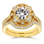 Gold Round Moissanite and 1/2ct TDW Diamond 2-Piece Floral Antique Bri - Handcrafted By Name My Rings™