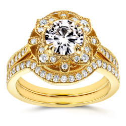 Gold Round Moissanite and 1/2ct TDW Diamond 2-Piece Floral Antique Bri - Handcrafted By Name My Rings™