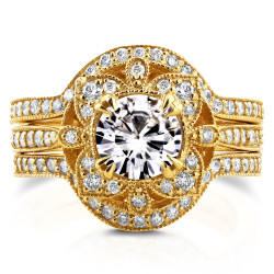 Gold Round Moissanite and 5/8ct TDW Diamond 3-Piece Floral Antique Bri - Handcrafted By Name My Rings™