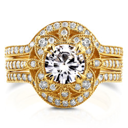 Gold Round Moissanite and 5/8ct TDW Diamond 3-Piece Floral Antique Bri - Handcrafted By Name My Rings™