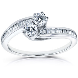 Two White Gold 1/2ct TDW Round and Baguette Diamond Two-Stone Curved Ring - Handcrafted By Name My Rings™