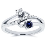 Two White Gold Blue Sapphire and 1/5ct TDW Diamond Two-Stone Curved Ring - Handcrafted By Name My Rings™