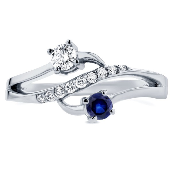 Two White Gold Blue Sapphire and 1/5ct TDW Diamond Two-Stone Curved Ring - Handcrafted By Name My Rings™