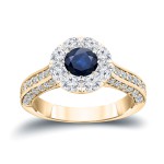 Gold 1/2ct Blue Sapphire and 1 1/4ct TDW Diamond Cluster Engagment Ring - Handcrafted By Name My Rings™