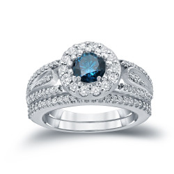1 3/5ct TDW Round Blue Diamond Cluster Bridal Ring Set - Handcrafted By Name My Rings™