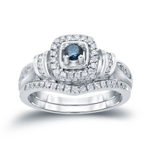 1/2ct TDW Halo Blue Diamond Bridal Ring Set - Handcrafted By Name My Rings™