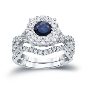 1/3ct Blue Sapphire and 7/8ct TDW Cluster Diamond Braided Bridal Ring Set - Handcrafted By Name My Rings™