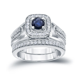 1/6ct Blue Sapphire and 1/2ct TDW Diamond Bridal Ring Set - Handcrafted By Name My Rings™
