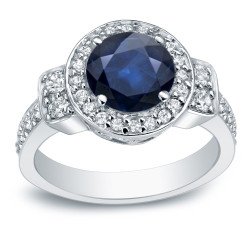 2ct Blue Sapphire and 3/4ct TDW Round Diamond Halo Engagement Ring - Handcrafted By Name My Rings™