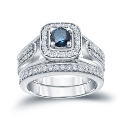 3/4ct TDW Blue Round Diamond Vintage Inspired Bridal Ring Set - Handcrafted By Name My Rings™