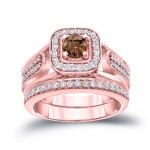 3/4ct TDW Brown Round Diamond Vintage Inspired Bridal Ring Set - Handcrafted By Name My Rings™