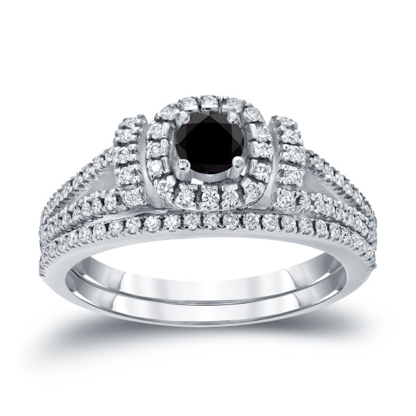 3/4ct TDW Halo Black Diamond Wedding Ring Sets - Handcrafted By Name My Rings™