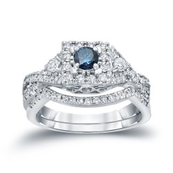3/4ct TDW Halo Blue Diamond Braided Bridal Ring Set - Handcrafted By Name My Rings™