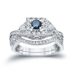 3/4ct TDW Halo Blue Diamond Braided Bridal Ring Set - Handcrafted By Name My Rings™