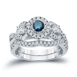 3/4ct TDW Halo Blue Diamond Braided Bridal Ring Set - Handcrafted By Name My Rings™
