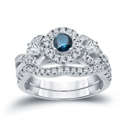 3/4ct TDW Halo Blue Diamond Braided Bridal Ring Set - Handcrafted By Name My Rings™