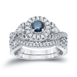 3/4ct TDW Halo Blue Diamond Braided Bridal Ring Set - Handcrafted By Name My Rings™