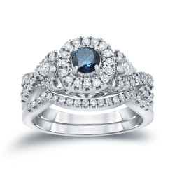 3/4ct TDW Halo Blue Diamond Braided Bridal Ring Set - Handcrafted By Name My Rings™