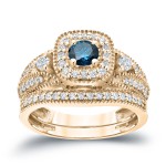 3/4ct TDW Halo Blue Diamond Wedding Ring Sets - Handcrafted By Name My Rings™