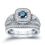 3/4ct TDW Halo Blue Diamond Wedding Ring Sets - Handcrafted By Name My Rings™
