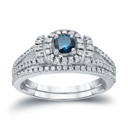 3/4ct TDW Halo Blue Diamond Wedding Ring Sets - Handcrafted By Name My Rings™