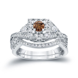 3/4ct TDW Halo Brown Diamond Braided Bridal Ring Set - Handcrafted By Name My Rings™