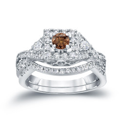 3/4ct TDW Halo Brown Diamond Braided Bridal Ring Set - Handcrafted By Name My Rings™