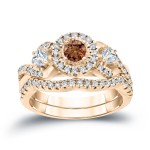 3/4ct TDW Halo Brown Diamond Braided Bridal Ring Set - Handcrafted By Name My Rings™
