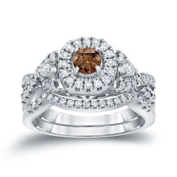 3/4ct TDW Halo Brown Diamond Braided Bridal Ring Set - Handcrafted By Name My Rings™