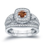 3/4ct TDW Halo Brown Diamond Wedding Ring Sets - Handcrafted By Name My Rings™