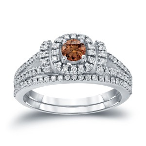 3/4ct TDW Halo Brown Diamond Wedding Ring Sets - Handcrafted By Name My Rings™