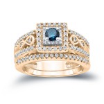3/5ct TDW Round Blue Diamond Cluster Bridal Ring Set - Handcrafted By Name My Rings™