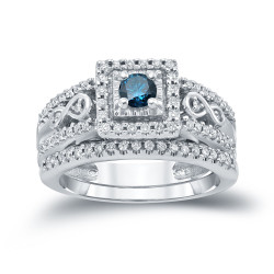 3/5ct TDW Round Blue Diamond Cluster Bridal Ring Set - Handcrafted By Name My Rings™