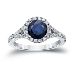 Gold 1 1/2ct Blue Sapphire and 1/2ct TDW Round Cut Diamond Halo Engagement Ring - Handcrafted By Name My Rings™