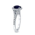 Gold 1 1/2ct Blue Sapphire and 1/2ct TDW Round Cut Diamond Halo Engagement Ring - Handcrafted By Name My Rings™