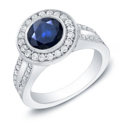 Gold 1 1/2ct Blue Sapphire and 3/5ct TDW Round Diamond Halo Engagement Ring - Handcrafted By Name My Rings™