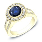Gold 1 1/2ct Blue Sapphire and 3/5ct TDW Round Diamond Halo Engagement Ring - Handcrafted By Name My Rings™