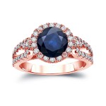 Gold 1 1/2ct Blue Sapphire and 4/5ct TDW Round Cut Diamond Halo Engagement Ring - Handcrafted By Name My Rings™