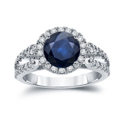 Gold 1 1/2ct Blue Sapphire and 4/5ct TDW Round Cut Diamond Halo Engagement Ring - Handcrafted By Name My Rings™